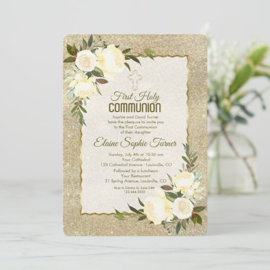 グラム金ゴールドグリッターホワイトローゼファースト聖餐式 招待状 (スタンド正面)