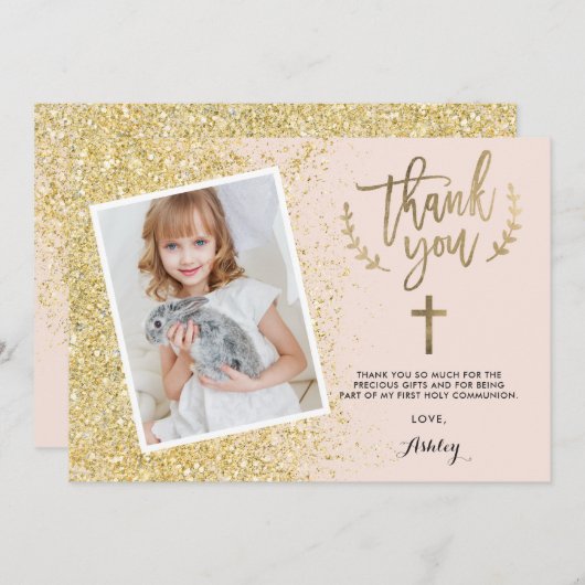 グラム金ゴールドグリッター初のコミュニオン写真 サンキューカード (正面/裏面)