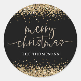グラム金ゴールドグリッター名メリークリスマスブラック ラウンドシール