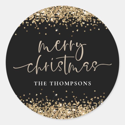 グラム金ゴールドグリッター名メリークリスマスブラック ラウンドシール (正面)