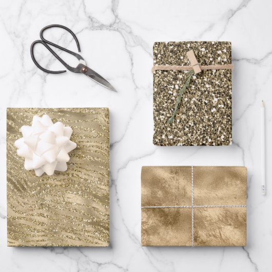グラム金ゴールドグリッツグリッターゼブラプリント ラッピングペーパーシート (正面)