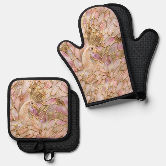 グラム金ゴールドシックピンクピーコック 鍋つかみ&鍋敷きセット (正面/裏面)