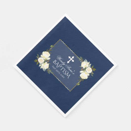 グラム金ゴールドネイビーブルーホワイトフローラバプテスマ招待状 スタンダードランチョンナプキン (角)