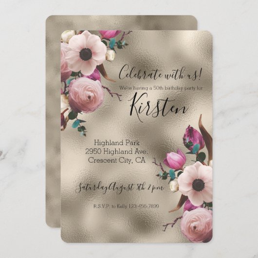 グラム金ゴールドピンクフローラ 招待状 (正面/裏面)