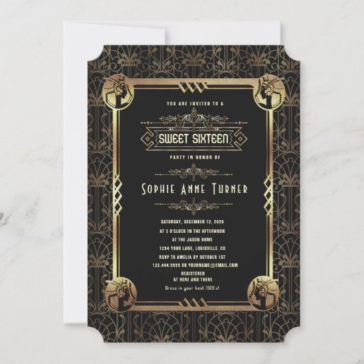 グラム金ゴールドブラック素晴らしギャツビーSweet sixteen 招待状 (正面)