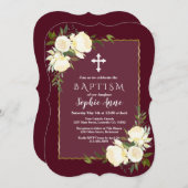 グラム金ゴールドブルガンディホワイトフローラバプテスマ招待状 招待状 (正面/裏面)