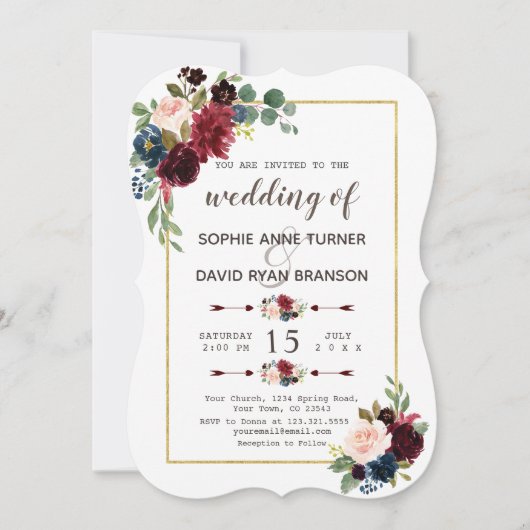 グラム金ゴールドメルロネイビーブルーフローラズ 招待状 (正面)