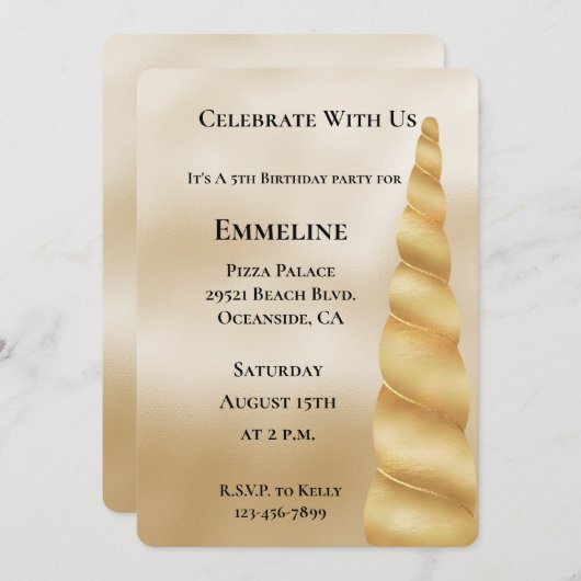 グラム金ゴールドユニコーン誕生日 招待状 (正面/裏面)