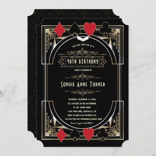 グラム金ゴールド素晴らしギャツビーカジノナイト50誕生日 招待状 (正面/裏面)