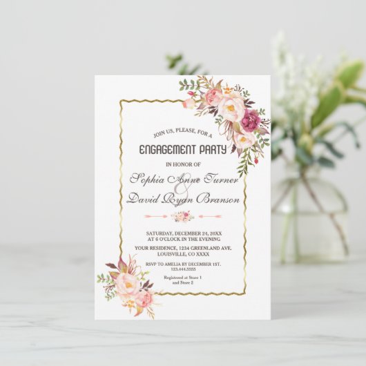 グラム金ゴールド赤面ピンクフローラ婚約パーティ 招待状 (スタンド正面)
