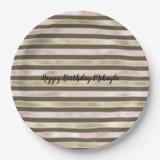 グラム金ゴールド赤面ピンクブラウンストライプズ ペーパープレート (正面)