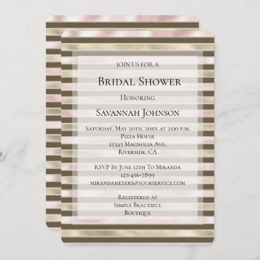 グラム金ゴールド赤面ピンクブラウンストライプブライダルシャワー 招待状 (正面/裏面)