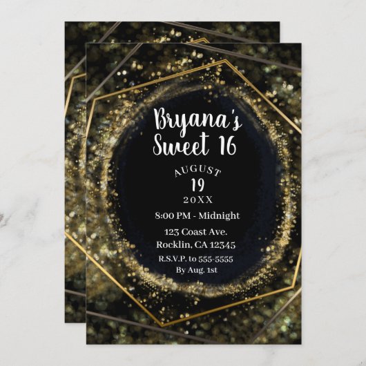 グラム金ゴールド&ブラックモダン抽象芸術グラムスウィート16 招待状 (正面/裏面)