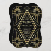 グラム金ゴールド&ブラック素晴らしギャツビーブライダルシャワー 招待状 (正面/裏面)