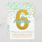 グラム6th誕生日ミントグリーン金ゴールドグリッター紙吹雪 招待状 (正面/裏面)