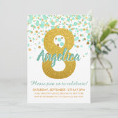 グラム8誕生日ミントグリーン金ゴールドグリッター紙吹雪 招待状 (スタンド正面)