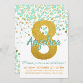 グラム8誕生日ミントグリーン金ゴールドグリッター紙吹雪 招待状 (正面/裏面)