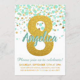グラム8誕生日ミントグリーン金ゴールドグリッター紙吹雪 招待状