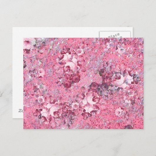 グラモエレガントーピンクローズグリッターフォトプリント ポストカード (正面/裏面)
