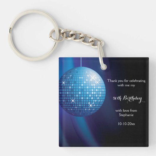 グラモラス50誕生日ブルーパーティーディスコボール キーホルダー (正面)