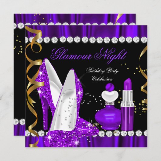 グラモールナイトグリッターパープル金ゴールドブラックパーティー3 招待状 (正面/裏面)