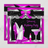 グラモールピンクグリッターヒールシルバーカクテルパーティー 招待状 (正面/裏面)