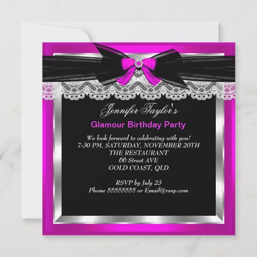 グラモールピンクグリッターヒールシルバーカクテルパーティー 招待状 (裏面)