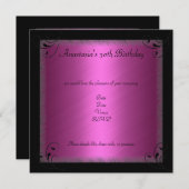 グラモールホットピンクブラックフローラ誕生日パーティー 招待状 (正面/裏面)