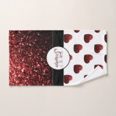 グラモールレッドグリッタースパークルハートモノグラム バスタオルセット (ハンドタオル)