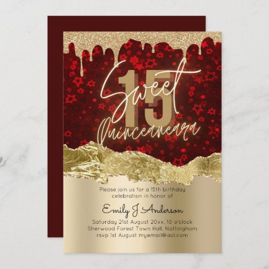 グラモールレッドゴールドフォイルグリッターキンセアニェラ15th 招待状 (正面/裏面)