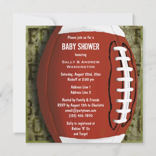 グランジなカップルのフットボールのベビーシャワーの緑 招待状 (裏面)