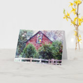 グランジなキルトが付いている赤い納屋 カード (黄色い花)