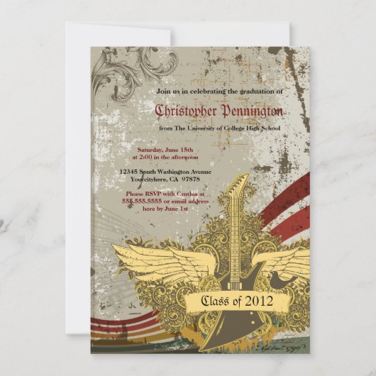 グランジなギターの卒業パーティーの発表 招待状 (正面)