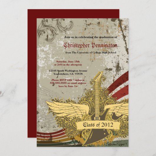 グランジなギターの卒業パーティーの発表 招待状 (正面/裏面)