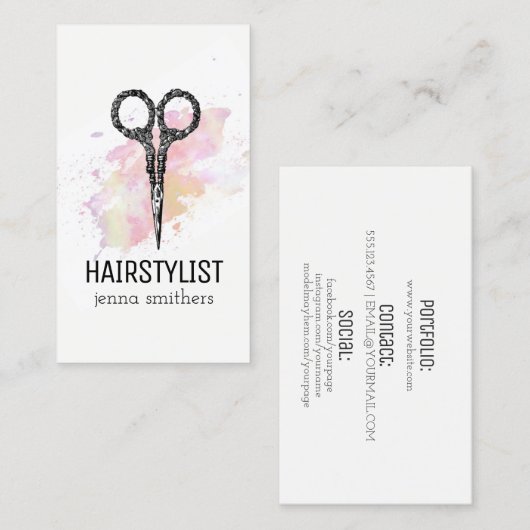 グランジなシックでモダンな美容師の水彩画のピンク 名刺 (正面/裏面)
