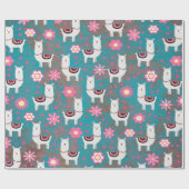 グランジなラマ(アルパカ)の花柄およびターコイズ ラッピングペーパー (フラット)
