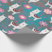 グランジなラマ(アルパカ)の花柄およびターコイズ ラッピングペーパー (角)