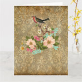 グランジなヴィンテージのダマスク織の花の鳥のビクトリア時代の人の茶色 カード (黄色い花)