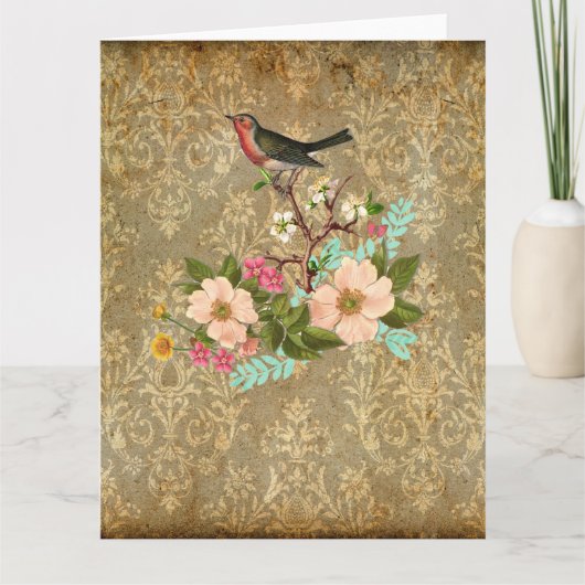 グランジなヴィンテージのダマスク織の花の鳥のビクトリア時代の人の茶色 カード (正面)