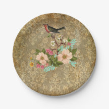 グランジなヴィンテージのダマスク織の花の鳥のビクトリア時代の人の茶色