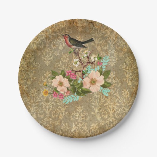 グランジなヴィンテージのダマスク織の花の鳥のビクトリア時代の人の茶色 ペーパープレート (正面)