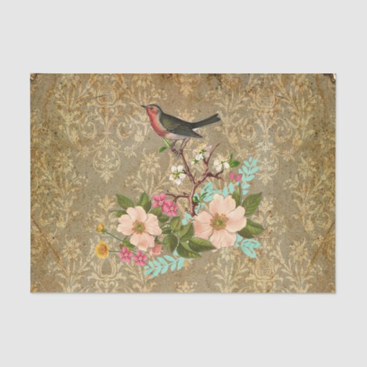 グランジなヴィンテージのダマスク織の花の鳥のビクトリア時代の人の茶色 薄葉紙 (正面)