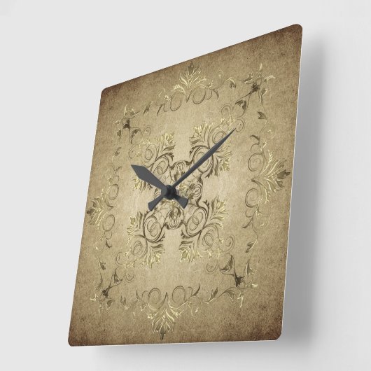 グランジな背景の金バロック スクエア壁時計 (傾斜)