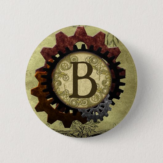 グランジなSteampunkはモノグラムの手紙Bを連動させます 缶バッジ (正面)