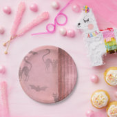 グランジほこりっぽいピンクの猫のこうもりとストライプハロウィーン ペーパープレート (パーティー)