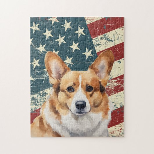 グランジアメリカ国旗コーギー犬 ジグソーパズル (縦)