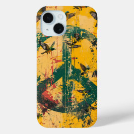 グランジパターンと鳥が描かれたグリーンピースシンボルのスマホケース iPhone 15ケース