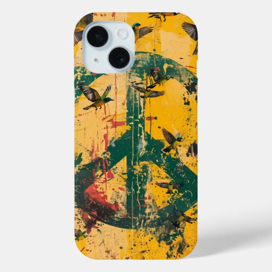グランジパターンと鳥が描かれたグリーンピースシンボルのスマホケース Case-Mate iPhoneケース (裏面)