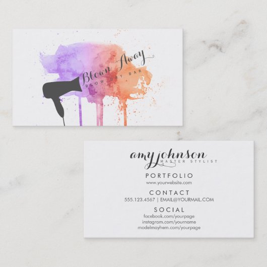 グランジピンクのシックモダン吹ドドライバーヘアスタイリスト 名刺 (正面/裏面)