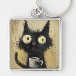 グランジブラウンの背景にコーヒーを持ったイライラした黒猫 キーホルダー